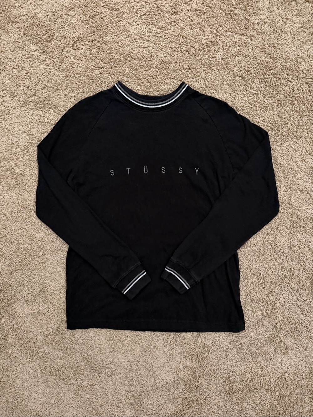 VTG Stussy Men's Small Black Spell Out Embroidered Logo Long Sleeve Shirt Skate